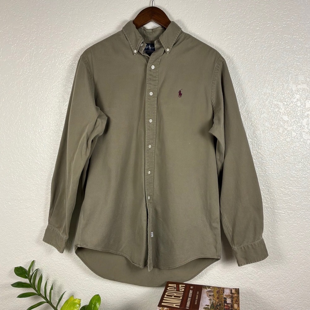 Polo Ralph Lauren Button Down Mens Medium Olive Green Good Distressed Shirt